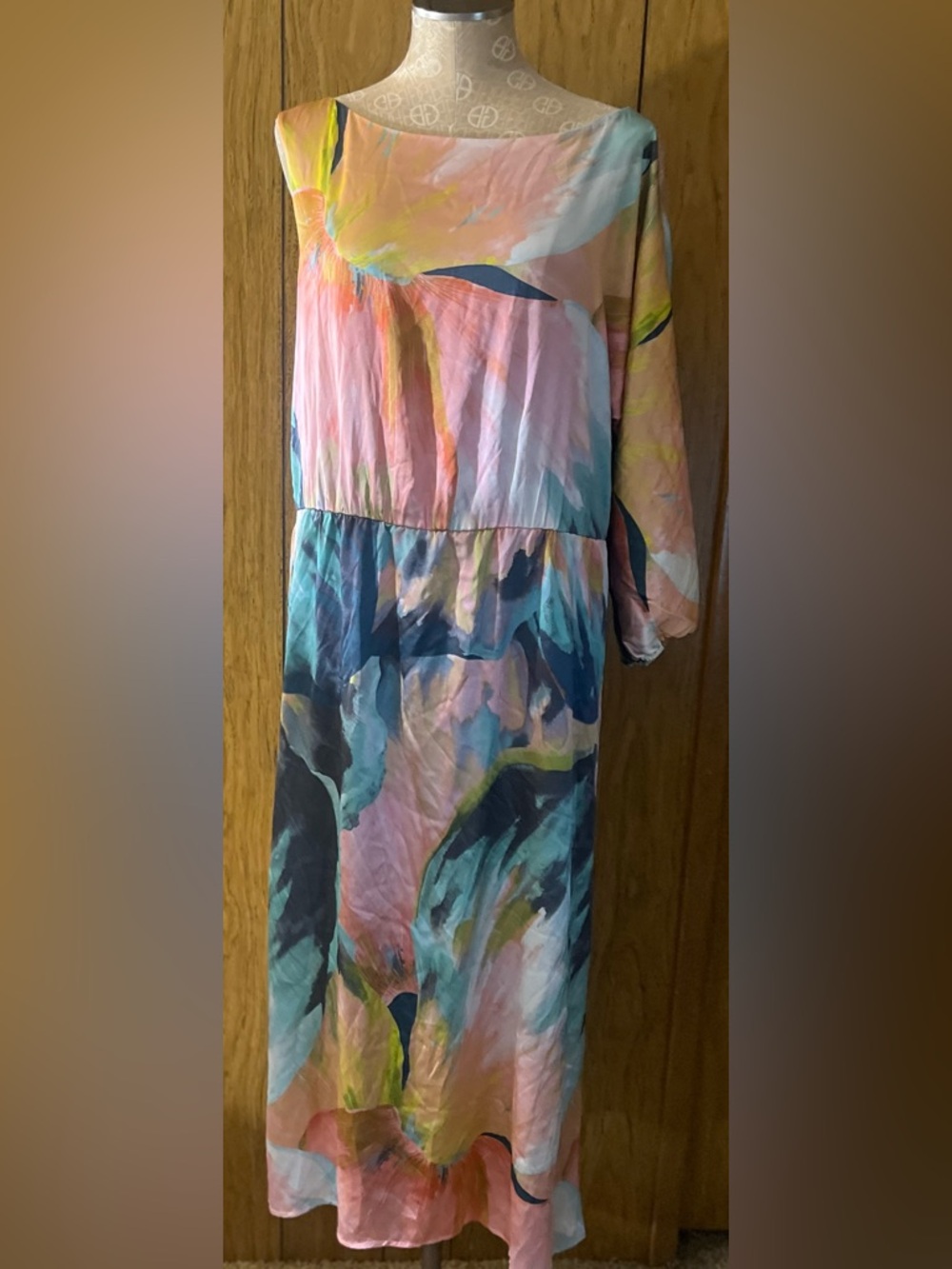 St. John' Pastel Watercolor print midi Dress in Pink, Blue & Green
